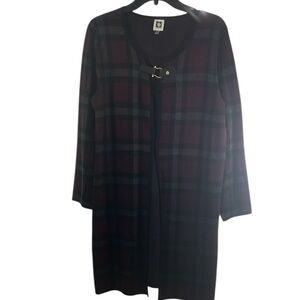 Anne Klein Plum and Black Plaid Long Sleeve Sweater Coat Size Medium